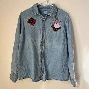 Holiday Editions Denim Button Down Snowman Snowflake Patchwork Embroidery